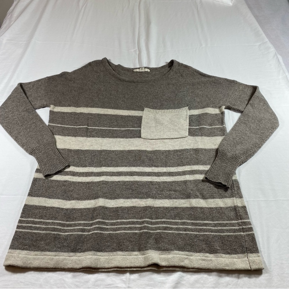 Lovestitch Sweater Woman’s Small Striped Brown Cream long sleeve Crew neck Top